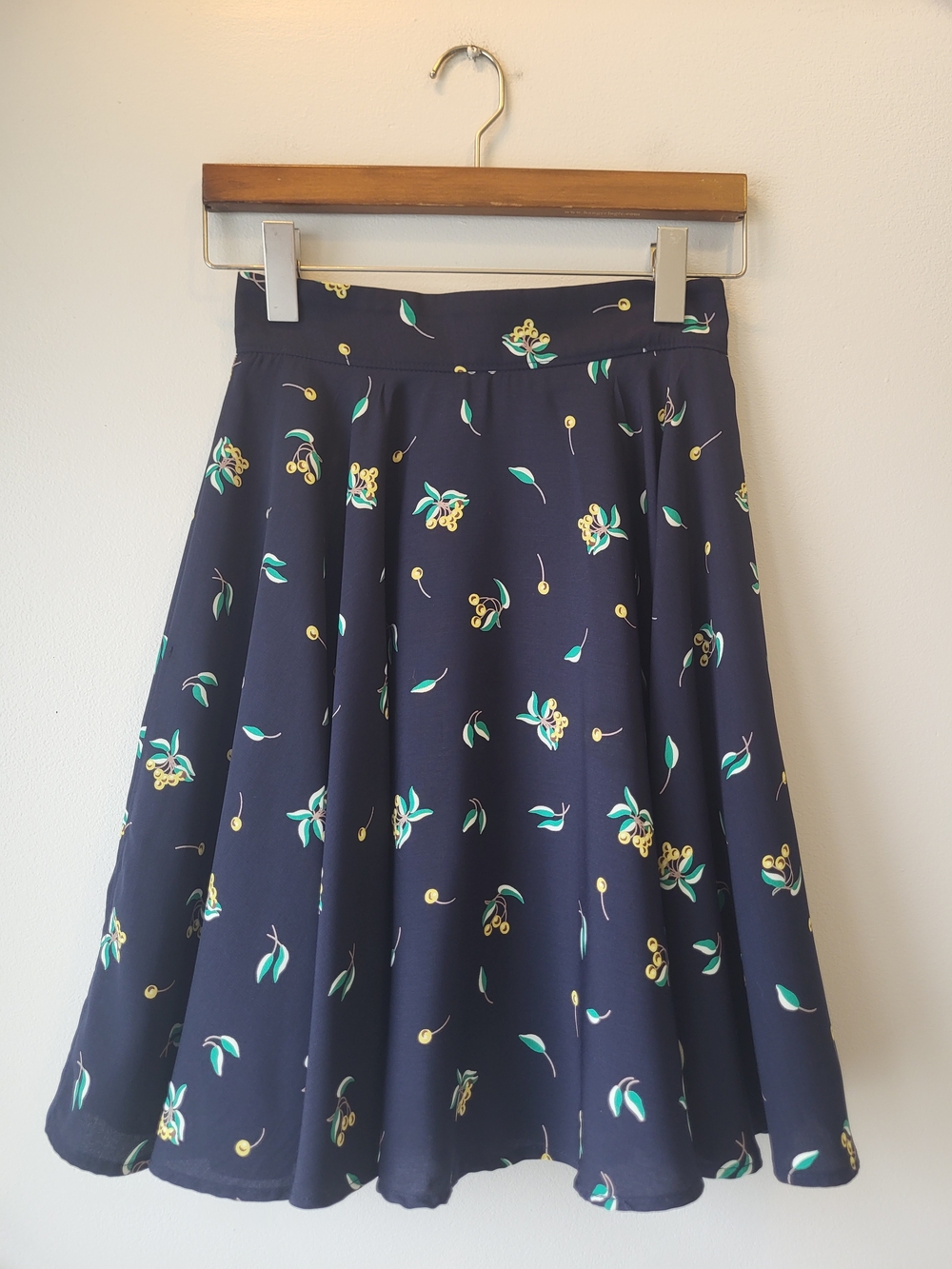 Women's Navy Floral Skirt with Green & Yellow Motif Countryside Chic Feminine